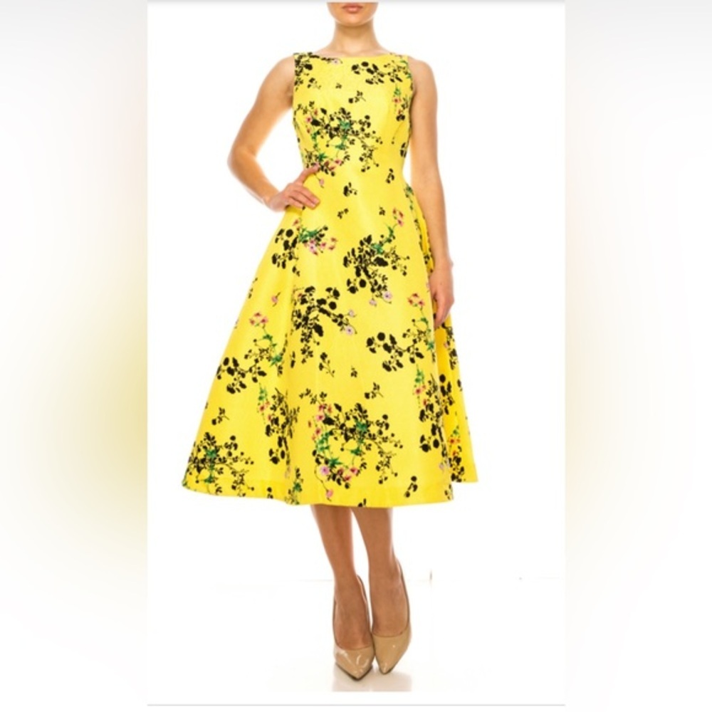 MAISON TARA SLEEVELESS‎ yellow A-LINE FLORAL DRESS size 4 new
